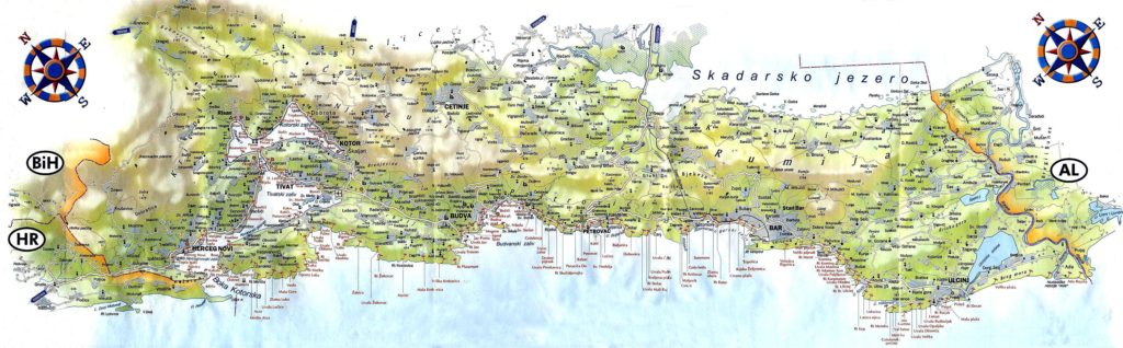 Mapa de playas de la costa de Montenegro