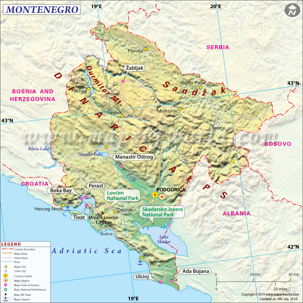 Mapa físico, relieve y montañas de Montenegro