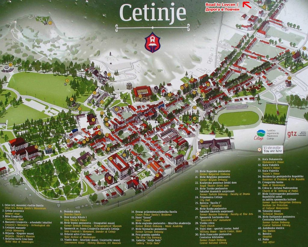 Mapa y plano de Cetinje y sus monumentos principales